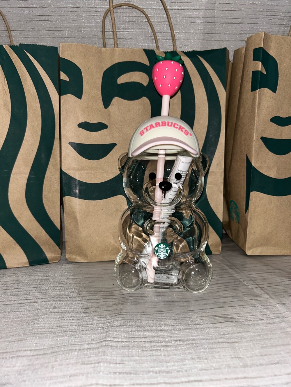 Starbucks Clear Bear Tumbler with Pink Strawberry Topper